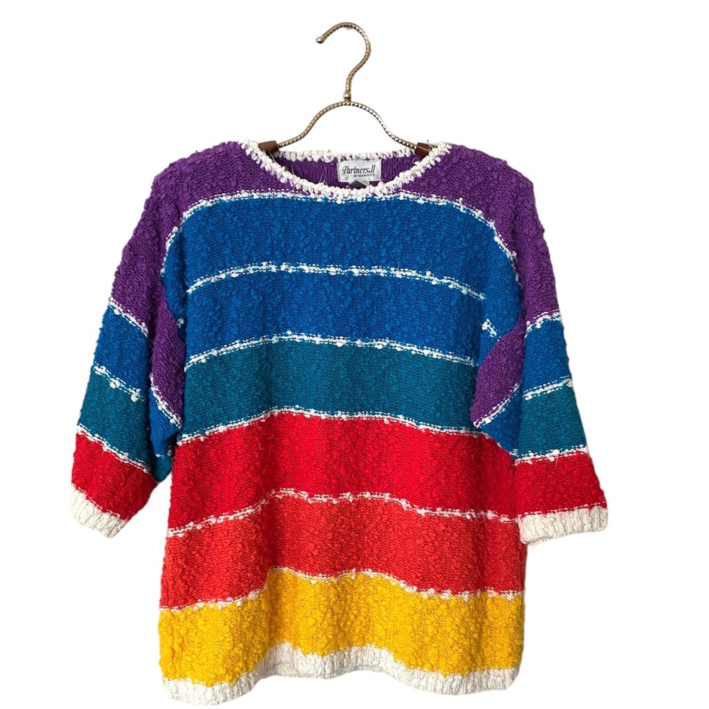 Vintage 80s 90s Rainbow Striped Nubby Sweater Acrylic